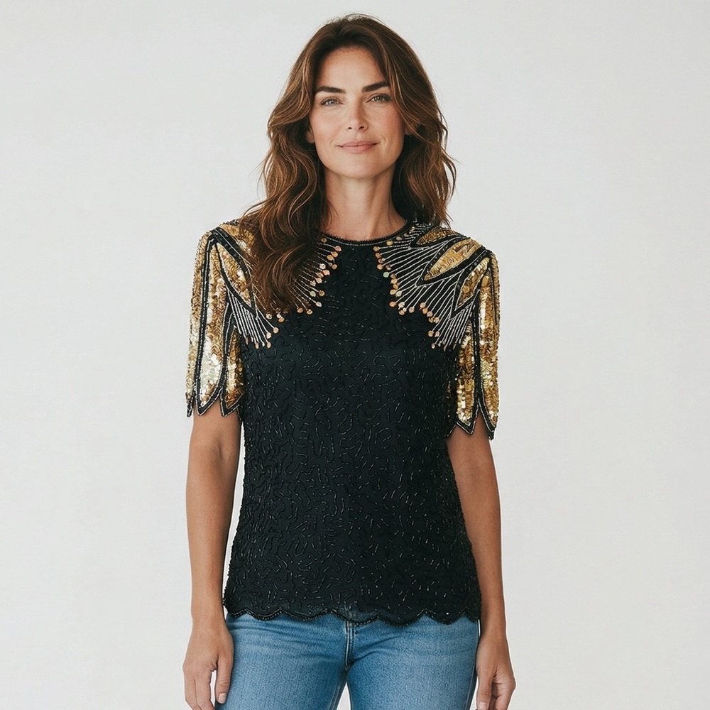 Lawrence Kazar ladies sequin beaded short sleeve top large, very good condition